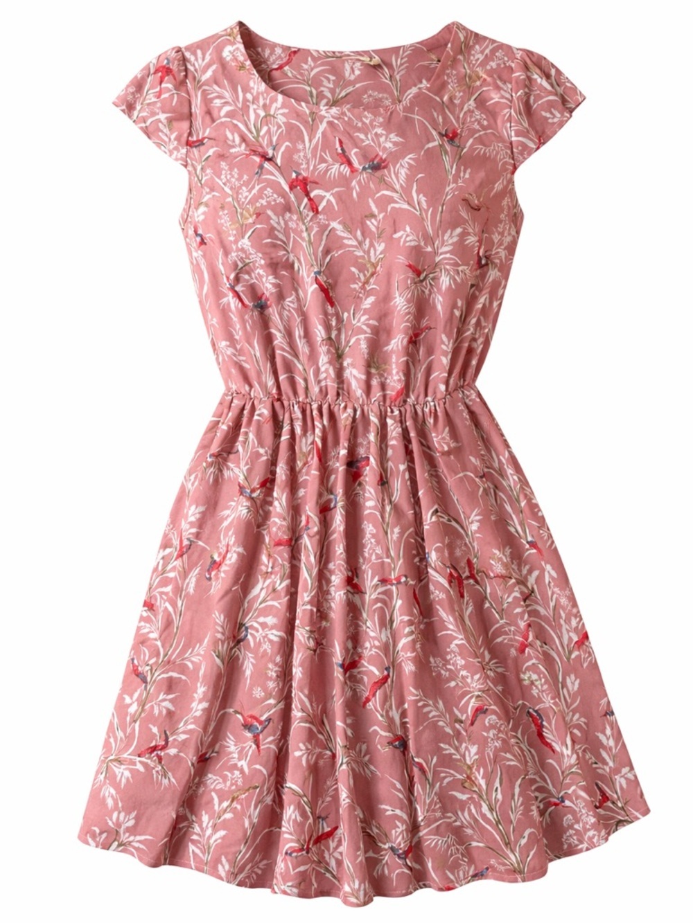 Women’s Pink Bird Print Dress Short Sleeve Fit & Flare Boho Size S/M